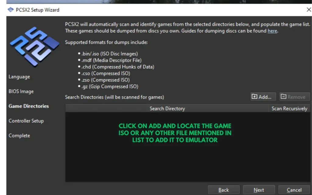 game directories and setup pcxs2